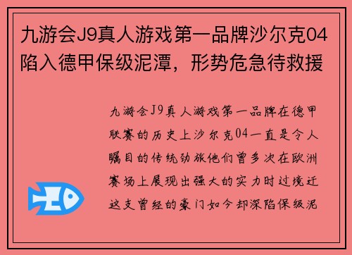 九游会J9真人游戏第一品牌沙尔克04陷入德甲保级泥潭，形势危急待救援
